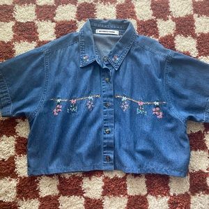 Denim Floral Embroidered Button Up Crop Top Size M